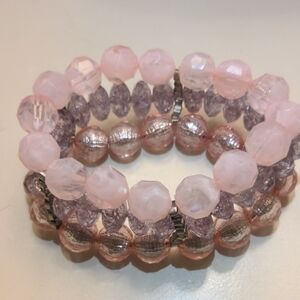 3/$15 Pink & Silver Bracelet Triple Stacked Crackle Beaded Chunky Jewelry